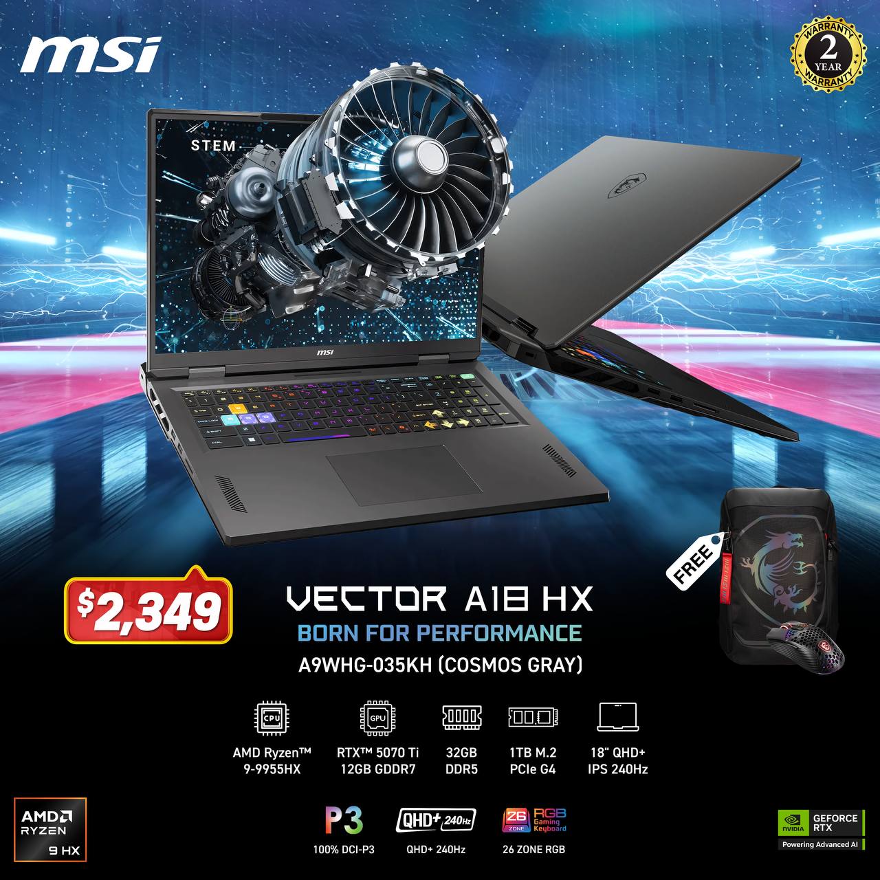 MSI Vector A18 HX A9WHG-035KH / Ryzen 9 9955HX / 32GB RAM / 1TB SSD / RTX 5070 Ti 12GB / 18" QHD+ 240Hz / Windows 11