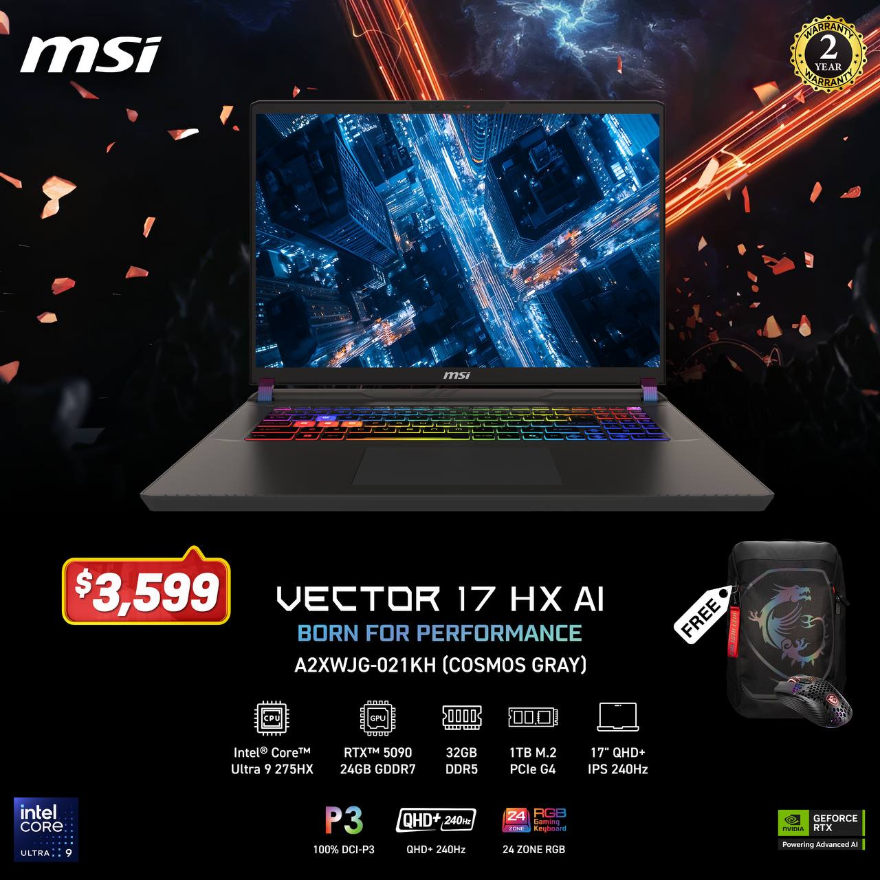 MSI Vector 17 HX AI A2XWJG-021KH / Core Ultra 9 275HX / 32GB RAM / 1TB SSD Gen4 / RTX 5090 24GB / 17" 240Hz / Windows 11 / Cosmos Gray