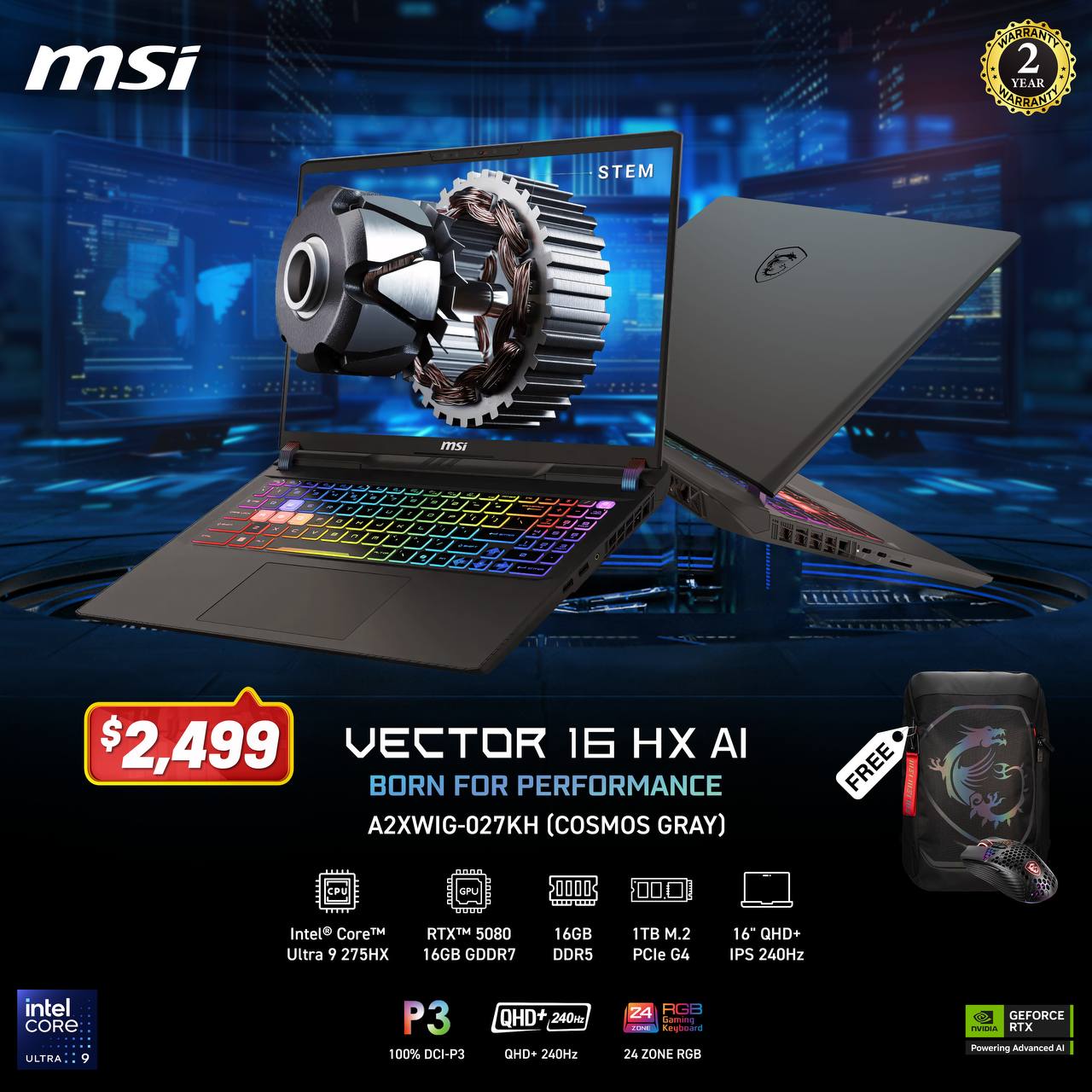 MSI Vector 16 HX AI A2XWIG-027KH / Core Ultra 9 275HX / 16GB RAM / 1TB SSD / RTX 5080 16GB / 16" QHD+ / Windows 11 Home / Gray (2Y + Backpack)