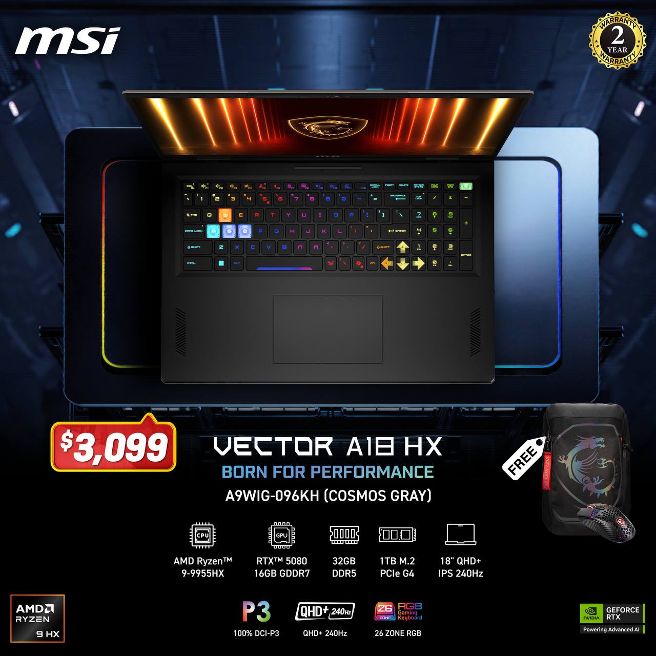 MSI Vector A18 HX A9WIG-096KH / Ryzen 9 / 32GB RAM / 1TB SSD / RTX 5080 / 18" QHD+ 240Hz / Windows 11