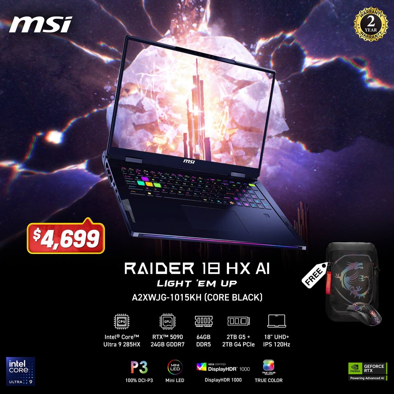 MSI Raider 18 HX AI Gaming Laptop (Model: A2XWJG-1015KH)