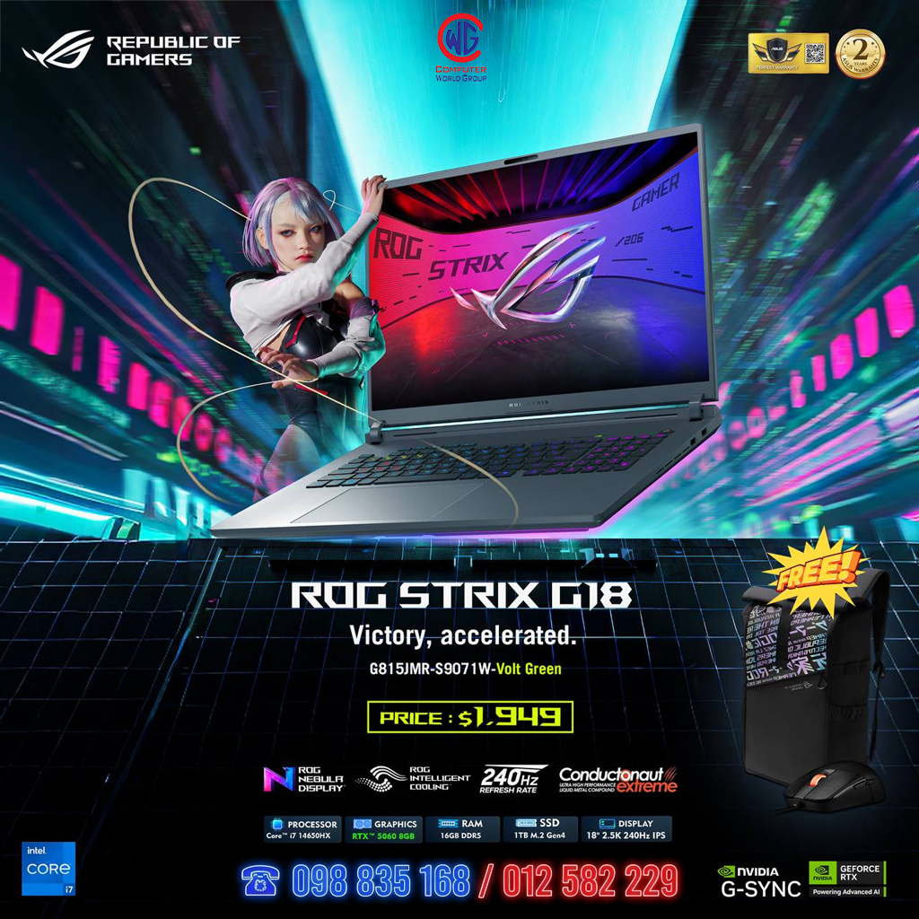 ASUS ROG Strix G18 G815JMR-S9071W – Volt Green | Core™ i7-14650HX | RTX™ 5060 8GB | 18″ 2.5K 240Hz