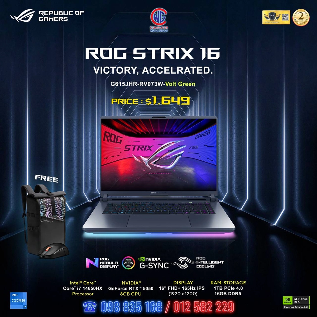 ASUS ROG Strix G16 G615JHR-RV073W – Intel Core i7-14650HX / 16GB RAM / 1TB Gen4 SSD / RTX 5050 / 16" IPS – Green (Free Bag & Mouse) (2 Years Warranty)