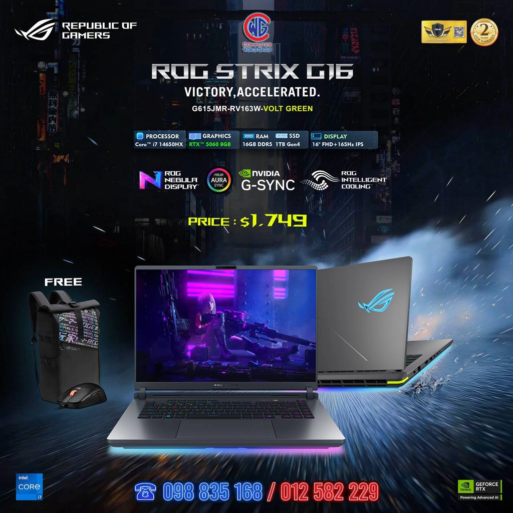 ASUS ROG Strix G16 G615JMR-RV163W – Intel Core i7-14650HX / 16GB RAM / 1TB Gen4 SSD / RTX 5060 / 16" IPS – Volt Green (2 Years Warranty)